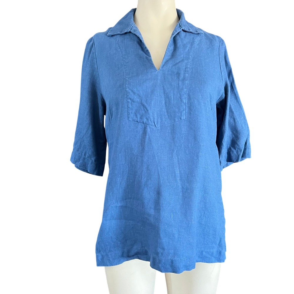 Lesley Evers Blue 100% Linen Tunic Top V-Neck Elbow Sleeve Made in USA XS